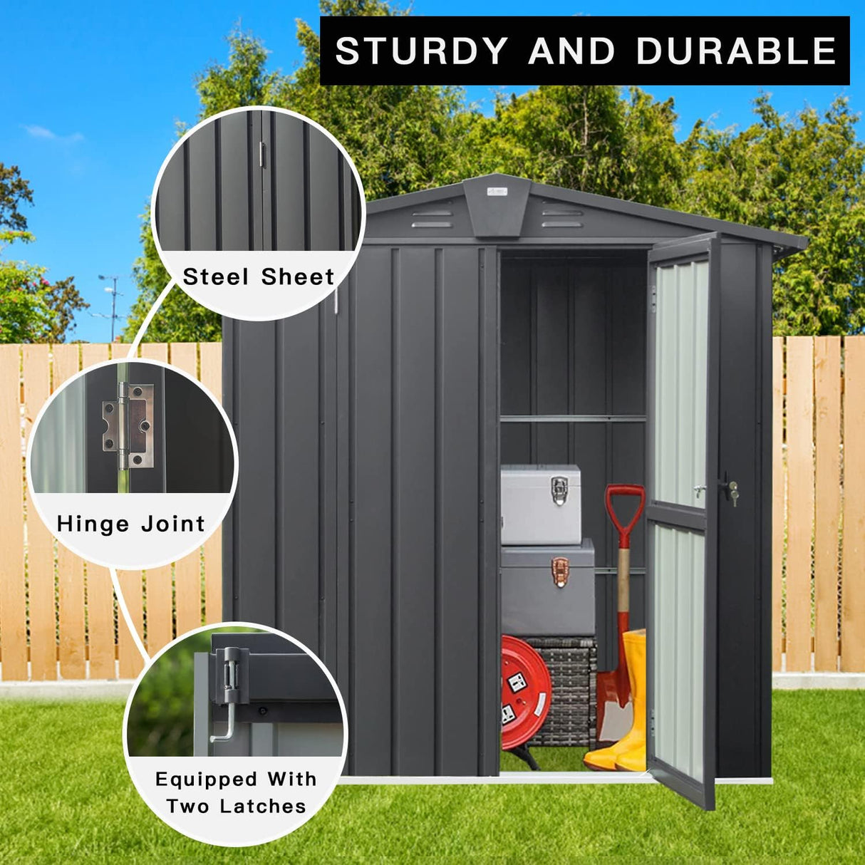 Domi Outdoor Storage Shed 5.7' x 3’, Metal Garden Shed with Galvanized Steel Frame for Bike, Tools, Lawn Mowers, Pool Toys, Outdoor Storage Cabinet with Lockable Door for Garden Lawn Patio (Dark Grey) domi outdoor living