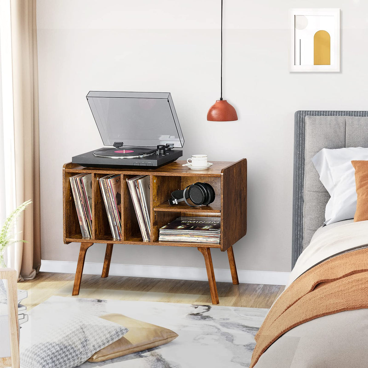 Lerliuo Record Player Stand with 4 Cabinet Holds Up to 220 Albums, Large Turntable Stand with Beech Wood Legs, Mid-Century Record Player Table,Brown Vinyl Holder Storage Shelf for Bedroom Living Room Lerliuo