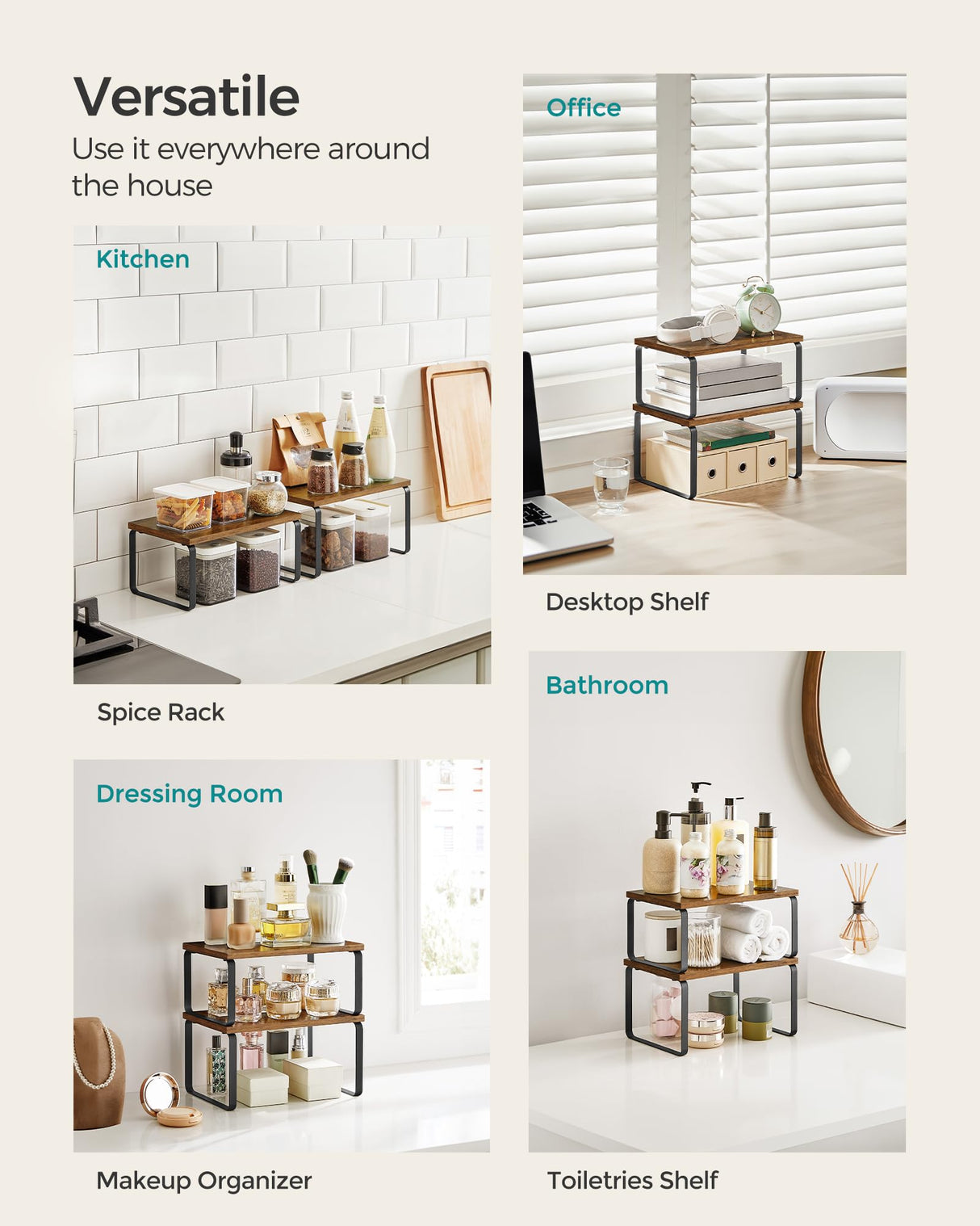 SONGMICS Cabinet Organizer Shelf, Set of 2 Kitchen Counter Shelves, Kitchen Storage, Spice Rack, Stackable, Expandable, Metal and Engineered Wood, Ink Black and Rustic Brown UKCS020X01 SONGMICS