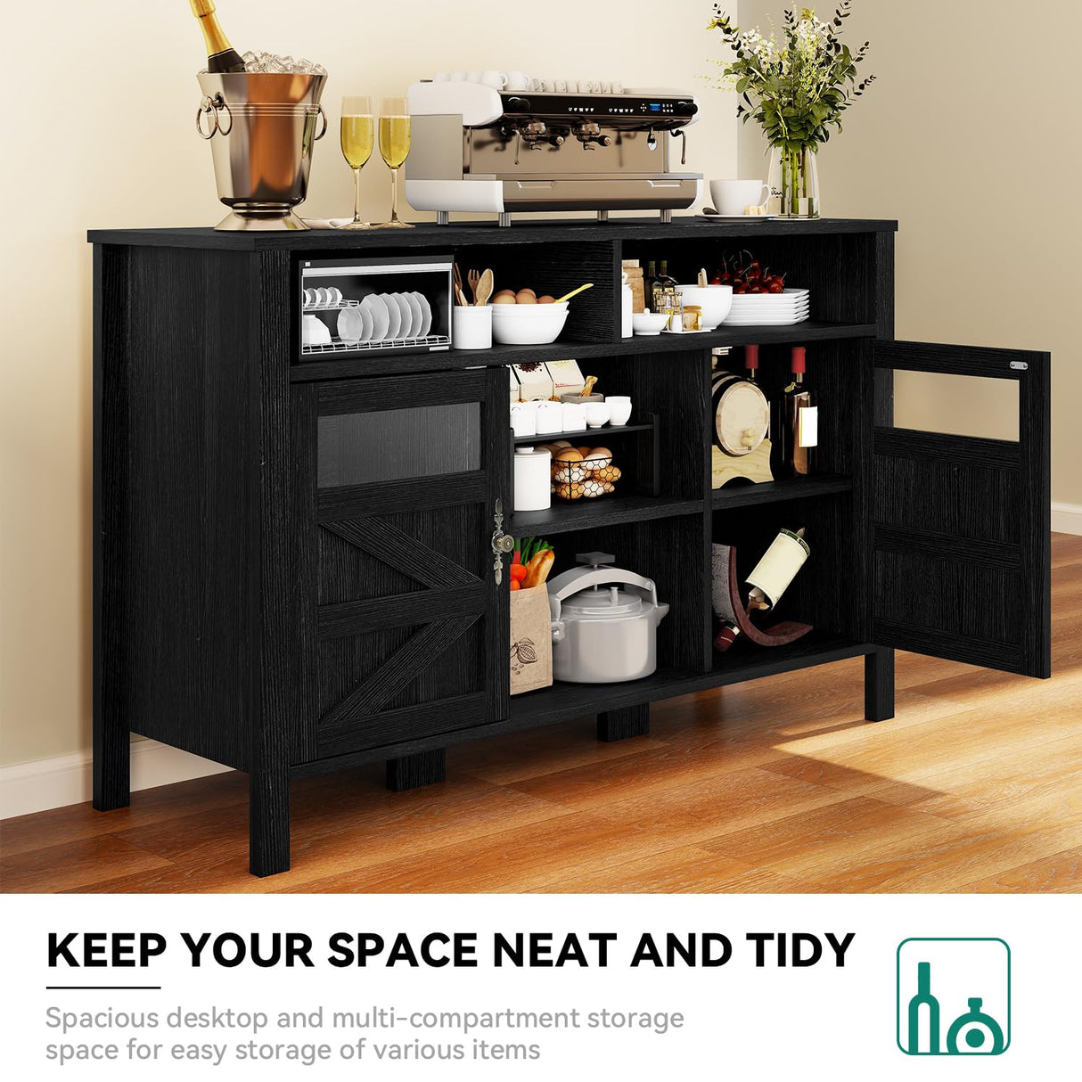 YITAHOME 55'' Farmhouse Buffet Cabinet with Storage, Large Sideboard Cabinet with 2 Doors & Open Storage, Versatile Coffee Bar Table for Kitchen & Living Room (Black) YITAHOME