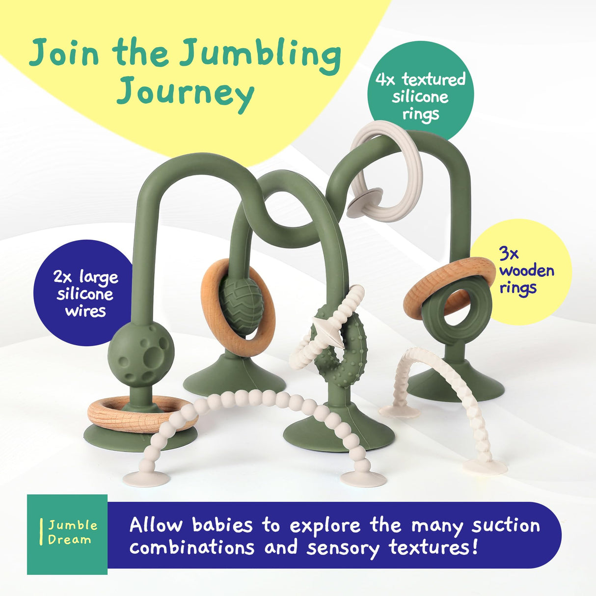 Jumble Jangle Baby Teething Toys – BPA-Free, Multi Purpose High Chair Toys for Babies: Suction Teething Relief with Sensory Toy Textures for Infants and Toddlers 3–24+ Months (Green) Jumble Dream