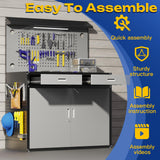 Eltean 65" Heavy Duty Work Bench with Storage, 2000 LB Capacity Garage Work Table with Adjustable LED Lighting、Lockable Cabinet、Drawers & Pegboard ，Work Benches for Garage、Workshop, Basement Eltean