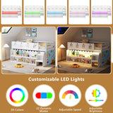 JOYMOR Low Loft Bed with LED Lights, Twin Loft Bed with Stairs, Safety Guardrail, Curtain, Wooden Bed Frame for Kids with Storage Bookcase and Under-Bed Play Space (White) JOYMOR