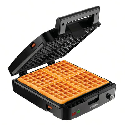 KRUPS 4-Slice Belgian Waffle Maker: Stainless Steel, 5 Browning Levels, Audible Ready Beep, Removable Plates, 1200W, Silver/Black - Perfect for Family Breakfasts