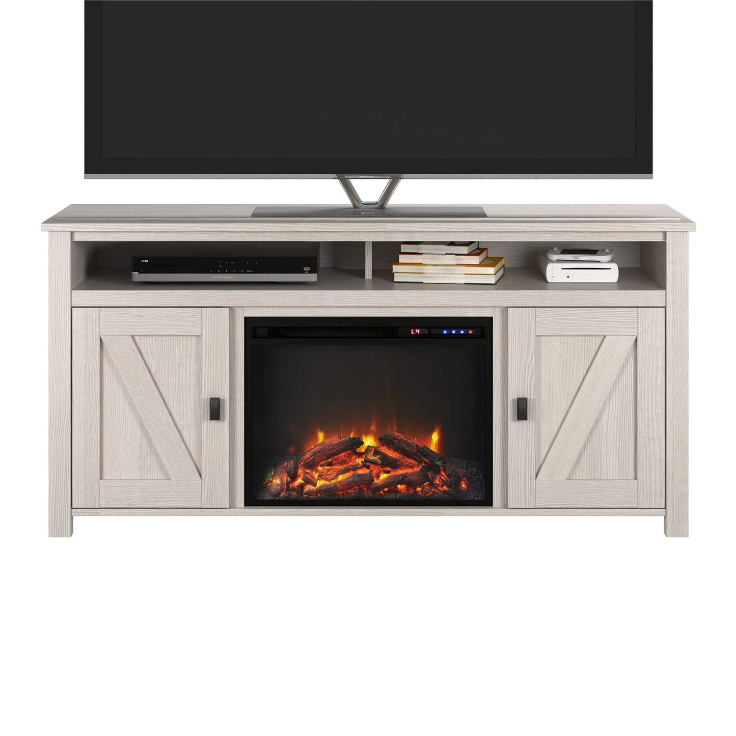 Ameriwood Home Farmington Electric Fireplace Console 60", Pine TV Stand, Ivory Oak