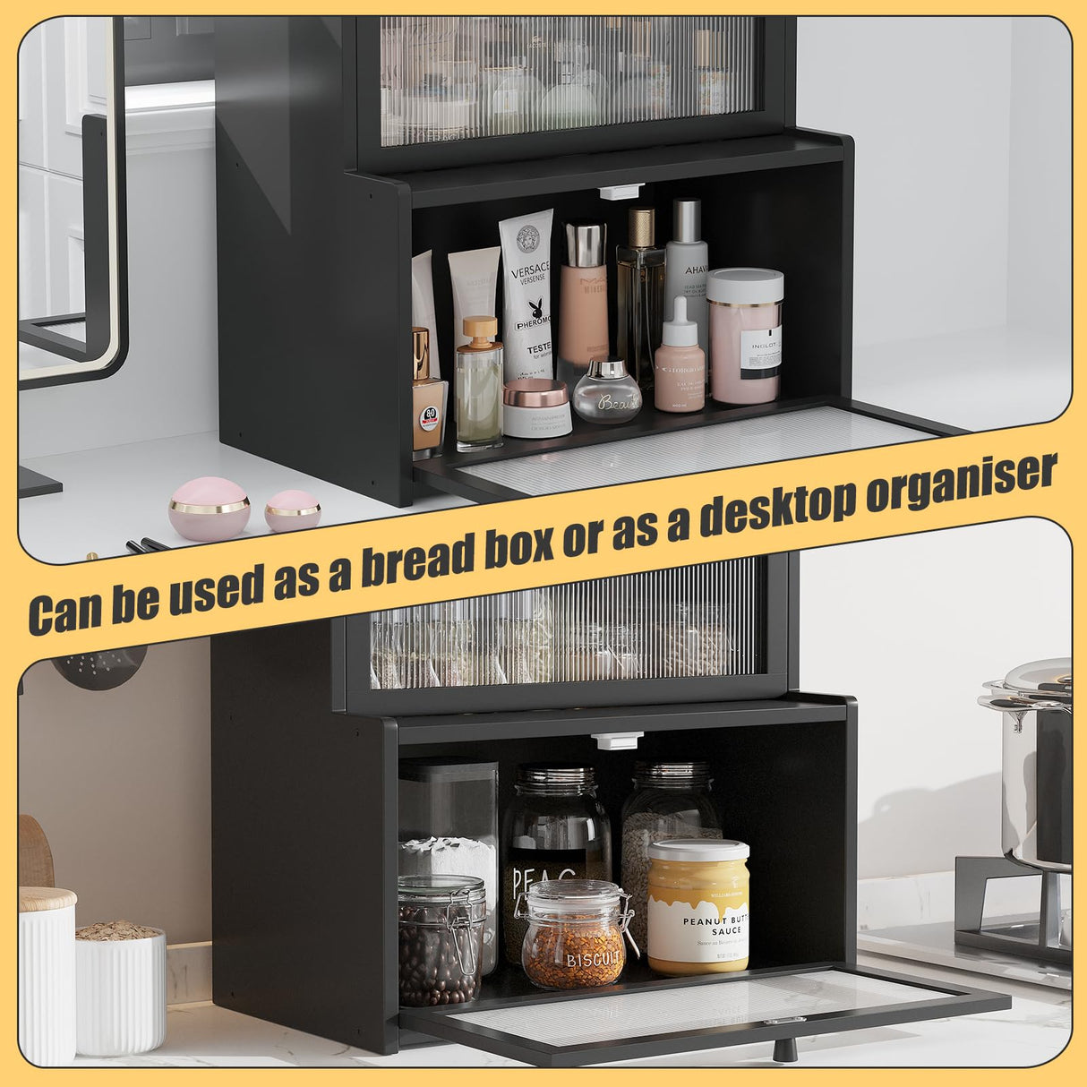 Furshus Double Layer Bamboo Bread Box for Kitchen Counter, Countertop Bread Storage Container, Bread Container Bread Storage with Window Bread Holder (Black) Furshus