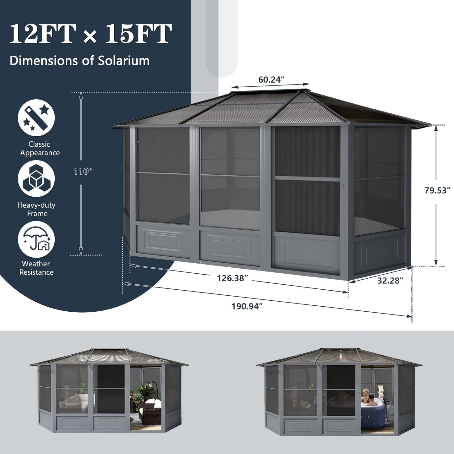 EROMMY 12' x 15' Sunroom, Solarium Gazebo with Aluminum Frame and Polycarbonate Roof, Outdoor Permanent Sun Room with Moveable PVC Screen and Sliding Door for Garden, Patio, Deck, Lawns - WoodArtSupply