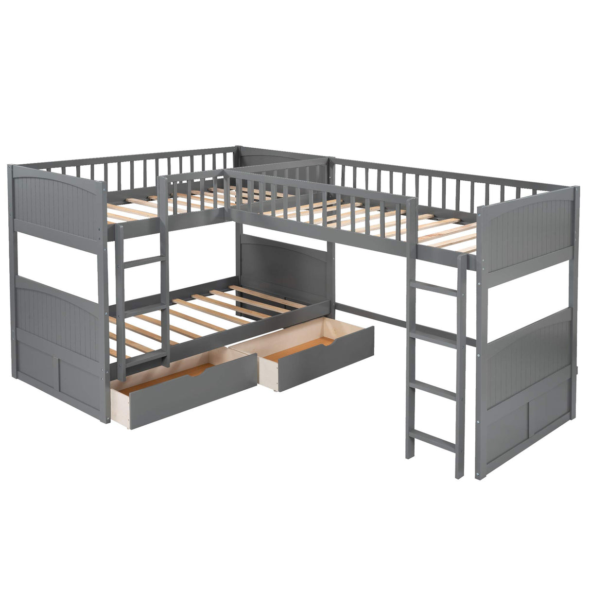 Merax L-Shaped Solid Wood Bunk Bed, Twin Over Twin Over Twin Bed with 2 Drawers and 2 Ladders, Twin Size Bunk Bed with a Loft Bed Attached, Grey Merax