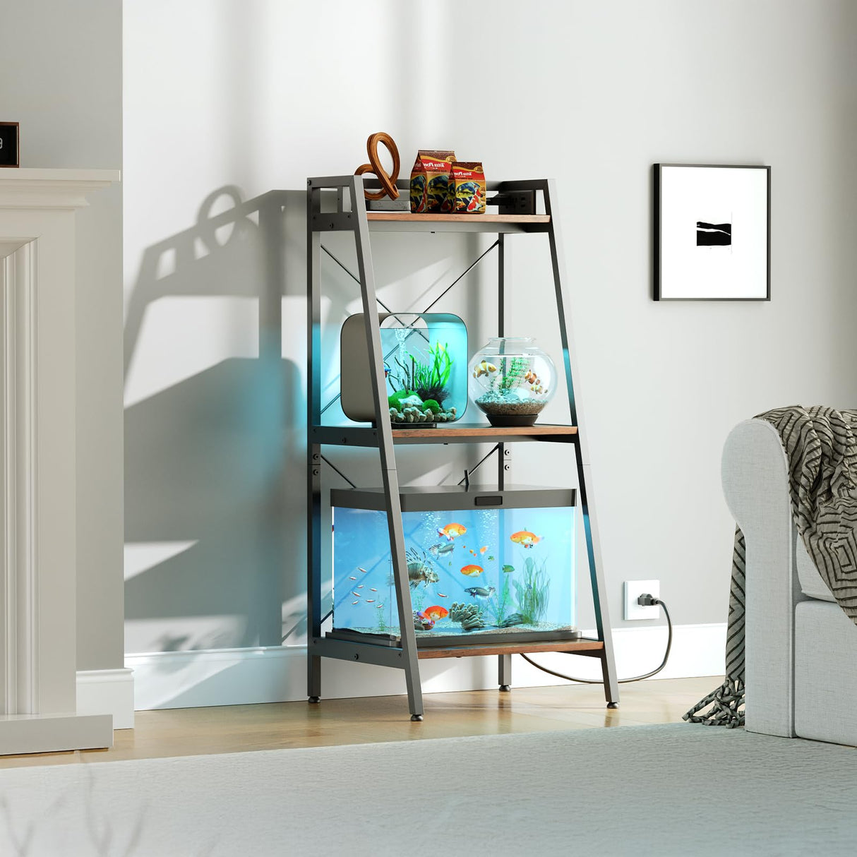 Herture 3-5.5 Gallon Fish Tank Stand with Shelf, Metal Frame Aquarium Stand with Storage and Power Outlet, for Multiple Fish Tank, 16.53" L*14.41" W Reptile Tank Rustic Brown PG11YGN Herture