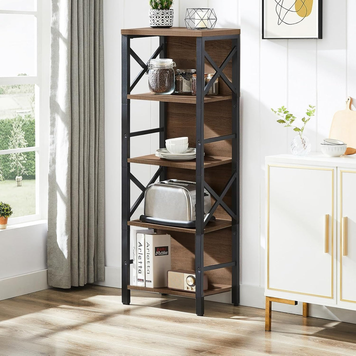 MNEETRUNG Small Bookshelf,5 Tier Industrial Bookshelf with Metal Frame and Backboard,Narrow Rustic Brown Book Shelf,Book case for Small Spaces,Living Room,Bedroom and Home Office MNEETRUNG