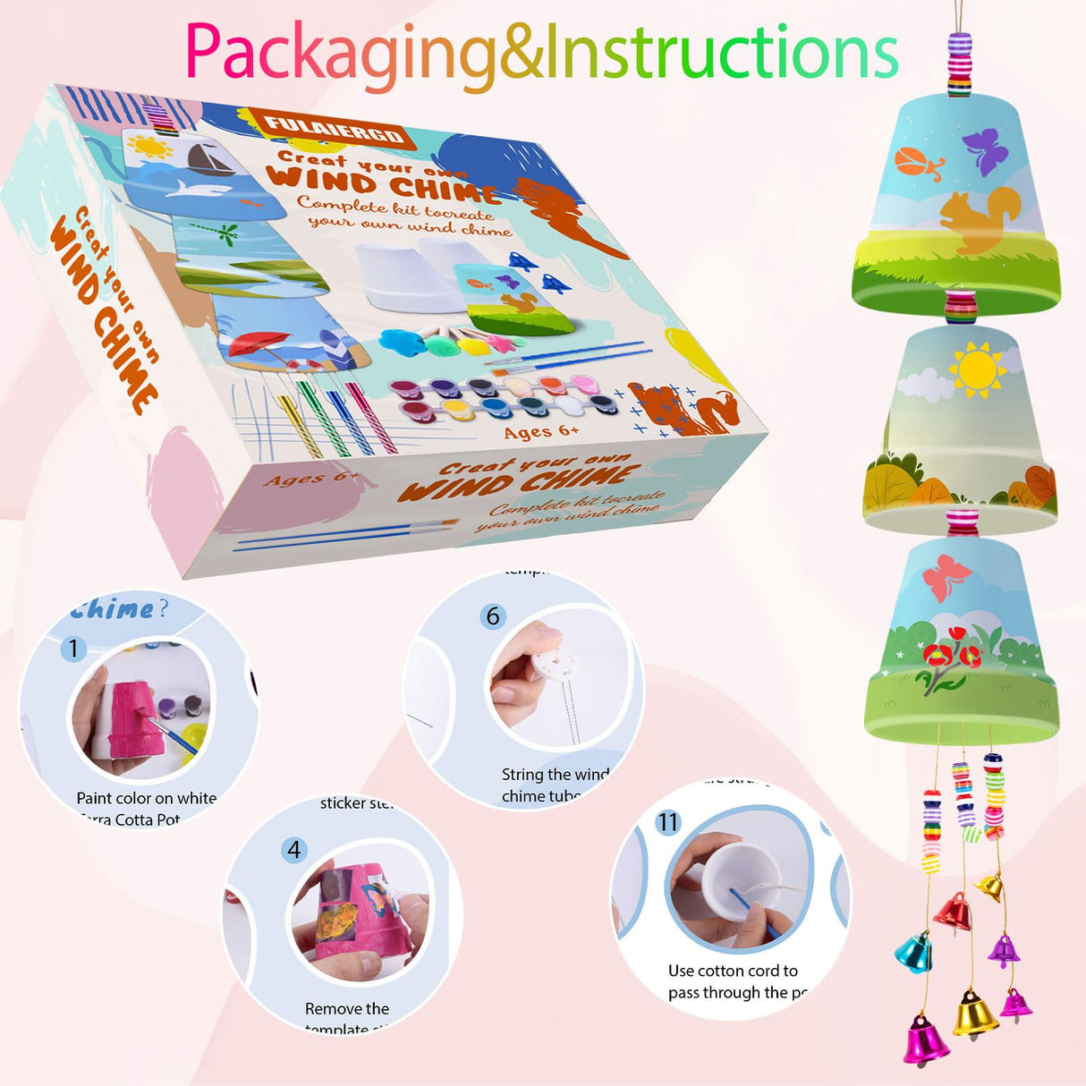 FULAIERGD 3 Pack Wind Chime Making Kit for Kids- Wind Chime Craft Painting Kit-Ceramic Pot, Bells, Stencils and Beads DIY Crafts Gifts for End of Year Student, Christmas, Birthday, Summer Decor FULAIERGD