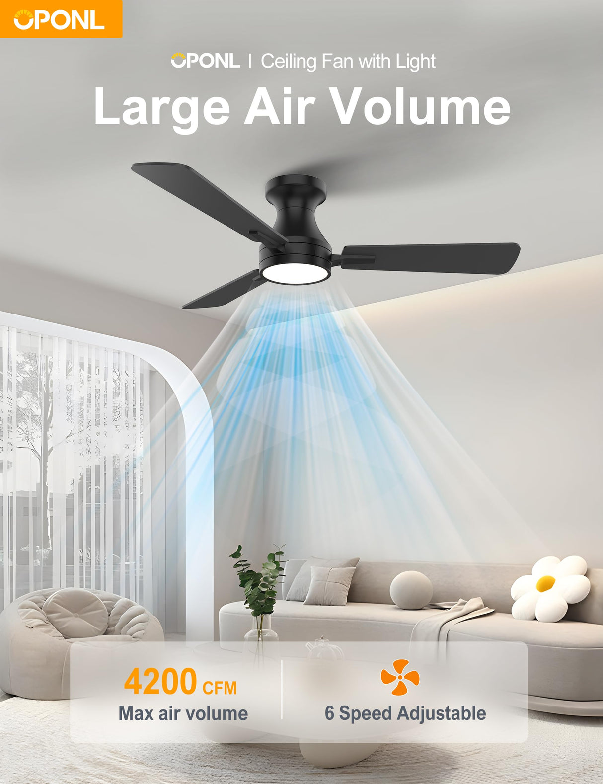 OPONL 42 Inch Black Ceiling Fan with Light with Remote Control, Large Air Volume, modern ceiling fan with light for Bedroom Kitchen Dining room Patio OPONL