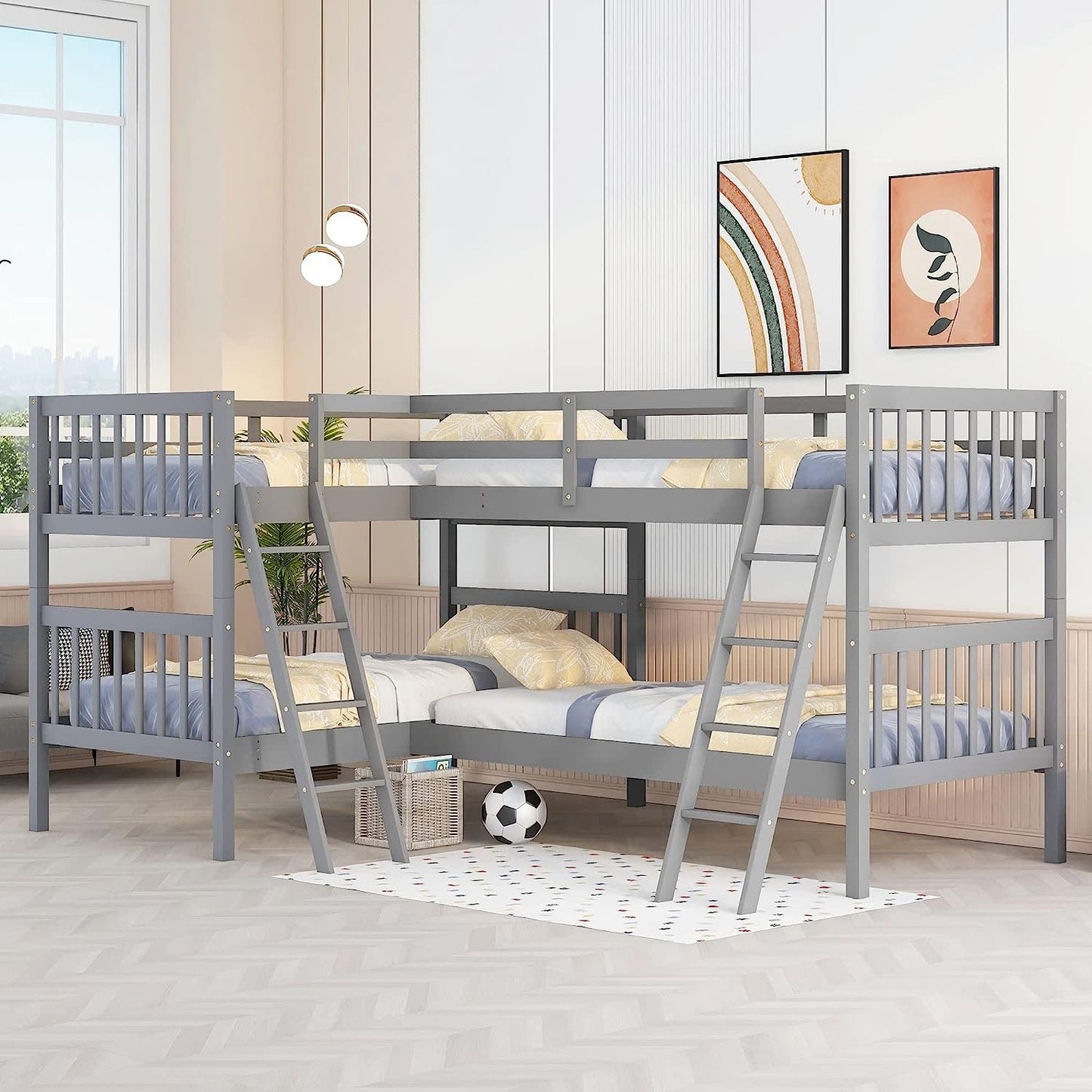 MERITLINE L-Shaped Quad Bunk Bed, Four Bunk Bed Twin Over Twin with Angle Ladder,Wooden Corner 4 Bed Bunk Bed for Kids, Teens, Adults, No Box Spring Needed (Twin, Grey)