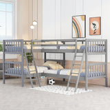 MERITLINE L-Shaped Quad Bunk Bed, Four Bunk Bed Twin Over Twin with Angle Ladder,Wooden Corner 4 Bed Bunk Bed for Kids, Teens, Adults, No Box Spring Needed (Twin, Grey) MERITLINE