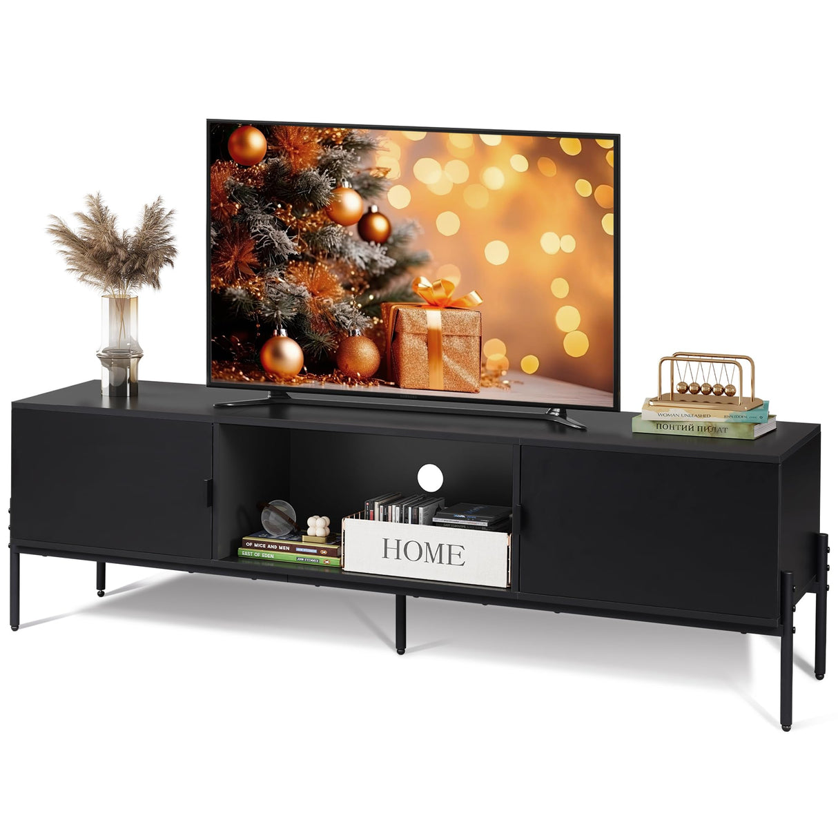 WLIVE Modern TV Stand for 65 Inch TV, Mid Century Entainment Center with Storage, TV Console with Open Shelf and 2 Cabinets for Bedroom and Living Room, TV Cabinet with Metal Legs, Black WLIVE
