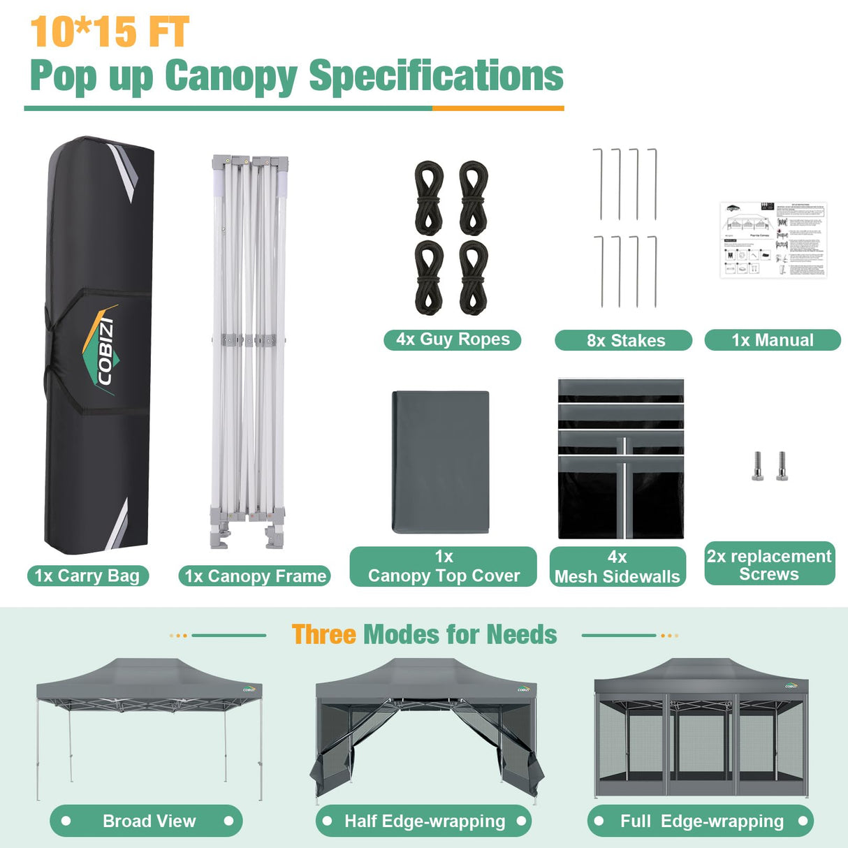 COBIZI 10x15 Canopy Tent, Heavy Duty Pop up Canopy with Sidewalls, Waterproof Easy Setup Canopy with Mosquito Netting, Outdoor Instant Screen Tents for Parties, Wedding, Backyard with Carry Bag, Gray COBIZI