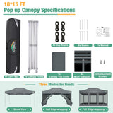 COBIZI 10x15 Canopy Tent, Heavy Duty Pop up Canopy with Sidewalls, Waterproof Easy Setup Canopy with Mosquito Netting, Outdoor Instant Screen Tents for Parties, Wedding, Backyard with Carry Bag, Gray COBIZI