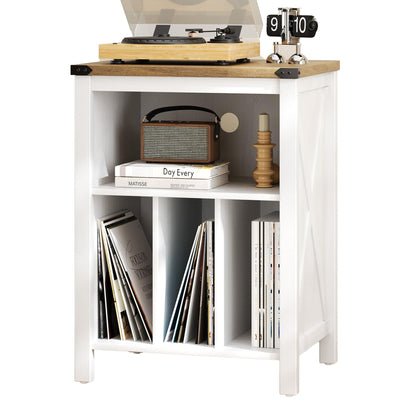 Record Player Stand with Vinyl Storage Cabinet, Record Player Table with 3 Divider Open Shelf Holder Up to 160 Albums Cube Storage, Record Shelf with Outlet Hole for Album CD & Living Room, White