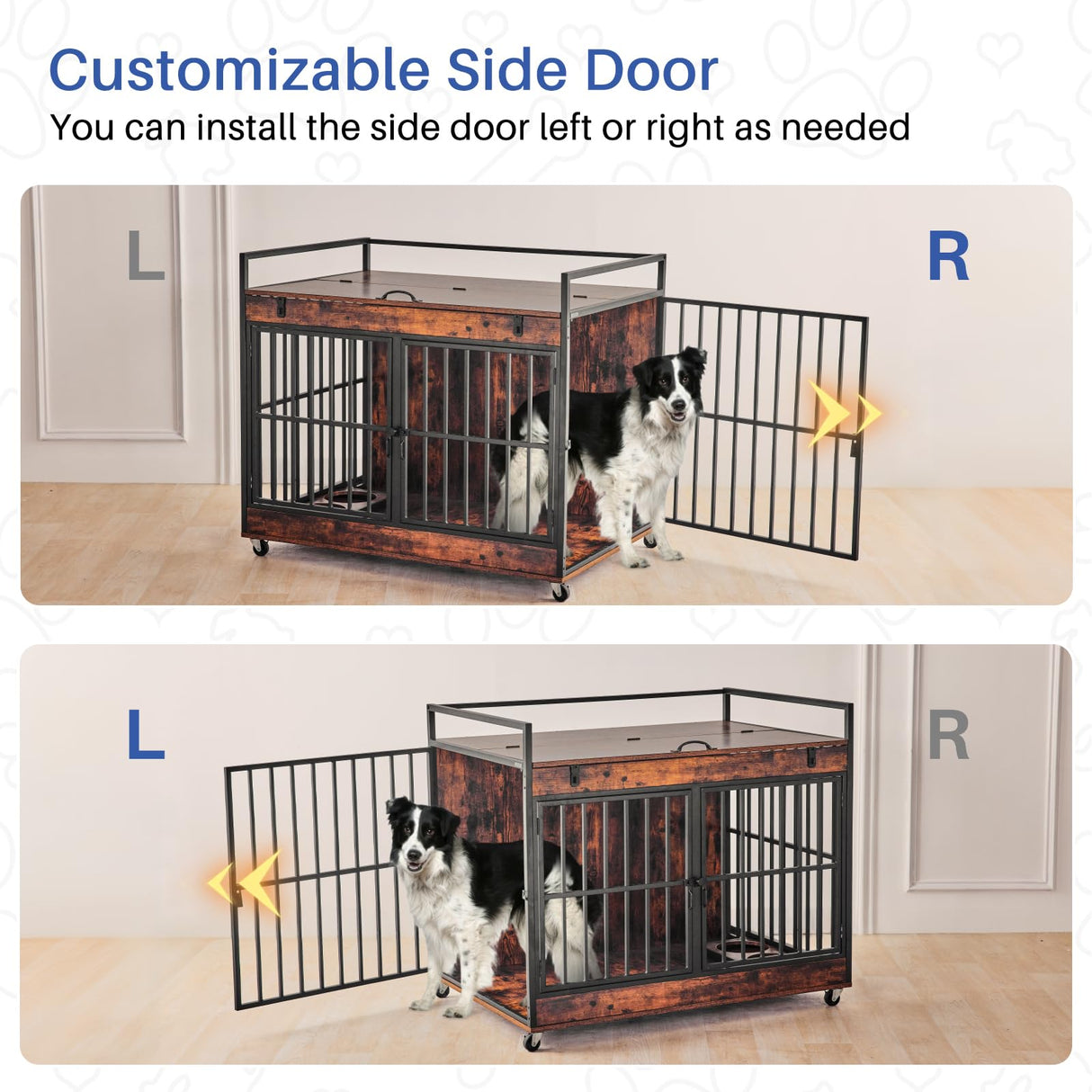 Extra Large Dog Crate Furniture, Dog Crates Furniture for Medium/Large Dogs Indoor, Heavy Duty Dog House with Wheels, Feeder Bowls & Flip Top, Large Dog Crate 44" L x 30" W x 38" H Redlifeᅟᅠ