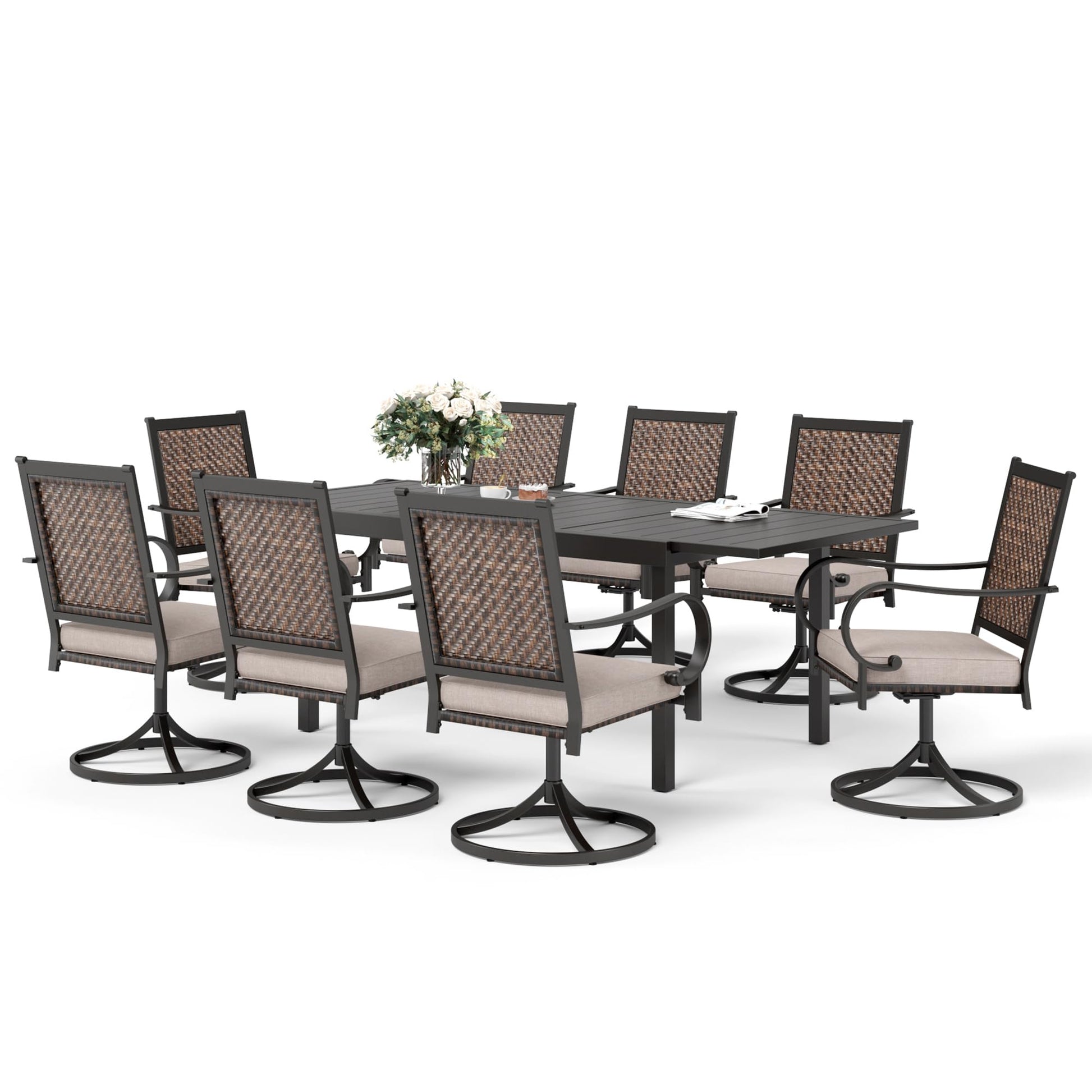 SUNSHINE VALLEY 9 Piece Wicker Patio Dining Sets, Outdoor Dining Sets for 8, 1 Expandable Metal Patio Table & 8 Swivel Patio Chairs with Cushion All Weather Outdoor Table and Chair Sets for B - WoodArtSupply