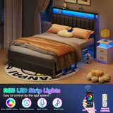 Furnulem Queen Bed Frame with Charging Station and LED Lights, Grey Upholstered Headboard with Shelves, Metal Platform Bed with 2 Under-Bed Storage (Fabric Drawer on Wheels), No Box Spring Needed Furnulem