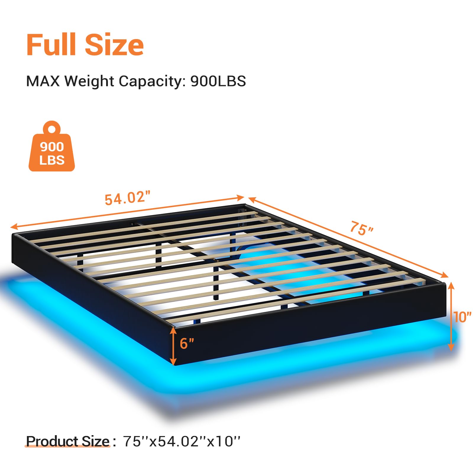 DICTAC Floating Full Bed Frame with LED Lights – Modern Upholstered Platform Design in Black, No Headboard, Easy Assembly, No Box Spring Needed - WoodArtSupply