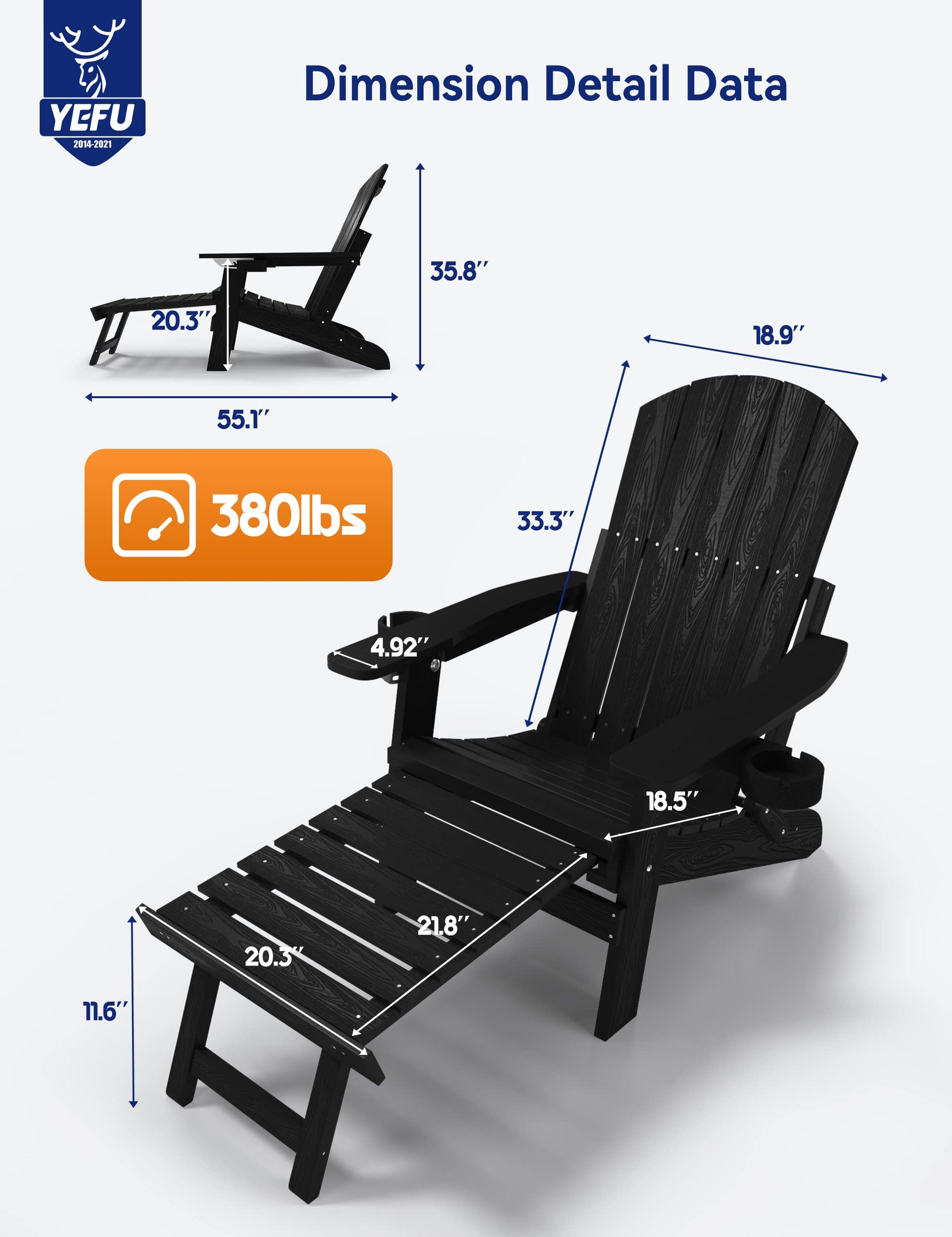 YEFU Adirondack Chair with Ottoman, Adjustable Backrest Adirondack Chairs, Folding Outdoor Fire Pit Chair with 2 Cup-Holders, Weather Resistant for Patio Lawn Outside Garden Pool, 380lbs (Bla - WoodArtSupply