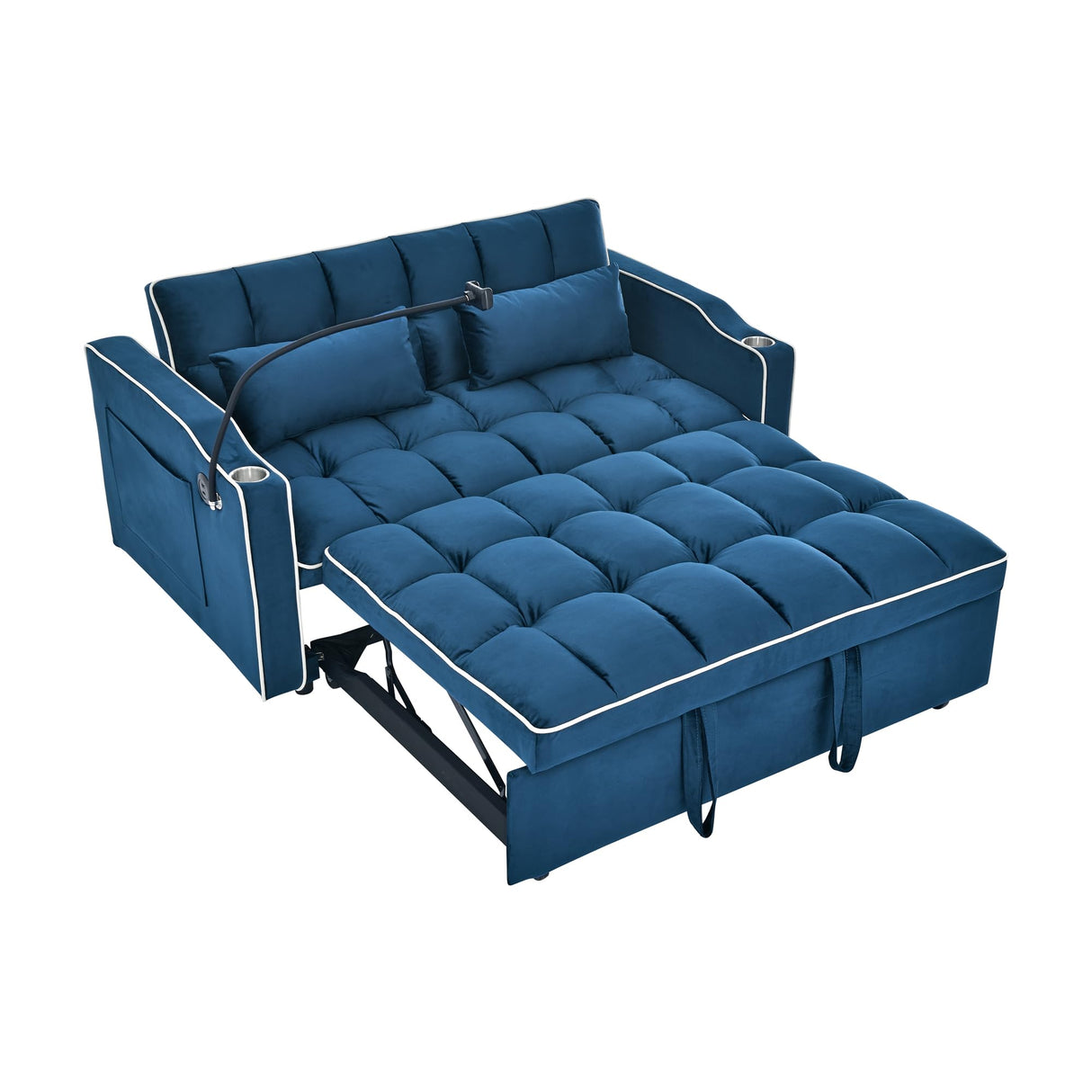 Foldable Sofa Bed with USB Charging Ports, Pull Out Velvet Loveseat Sleeper with Phone Holder, Modern Futon Couch with Cup Holders & Adjustable Backrest for Living Room, Blue Merax