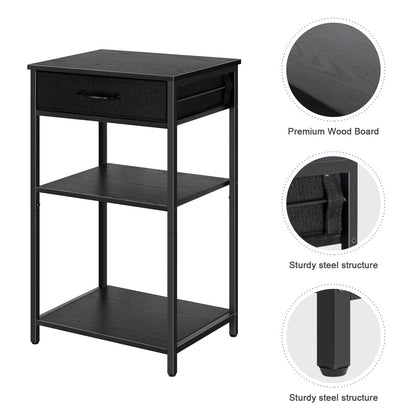 3 Tier Printer Stand Under Desk Small Printer Table with Storage Drawers Wood Printer Shelf Rack for Desk Black Side Table Nightstand for Home Office Organization