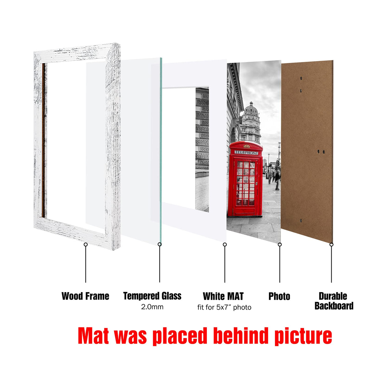 BAIJIALI 5x7 Picture Frame Distressed White Wood Pattern Set of 4 with Tempered Glass,Display Pictures 4x6 with Mat or 5x7 Without Mat, Horizontal and Vertical Formats for Wall and Table Mounting BAIJIALI