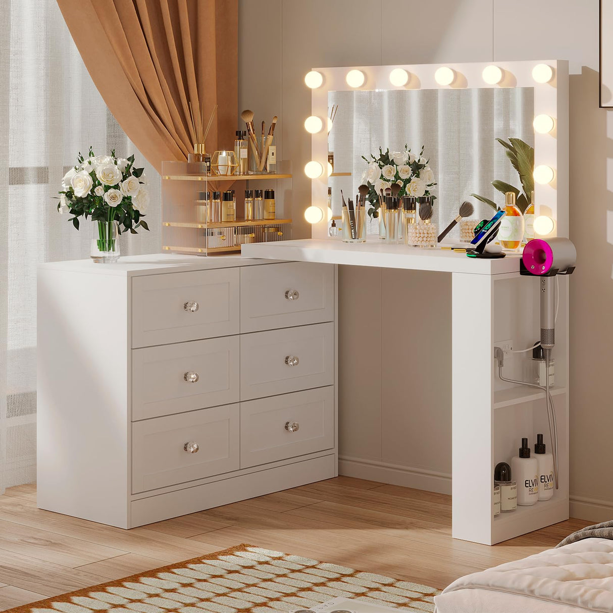 VOWNER Vanity Desk and Dresser Combo, Extendable Makeup Vainty with with Lighted Mirror & Power Outlet, Wood Corner Vanity with 6 Drawer Dresser, Makeup Table for Women, Bedroom Dressing Table(White) VOWNER