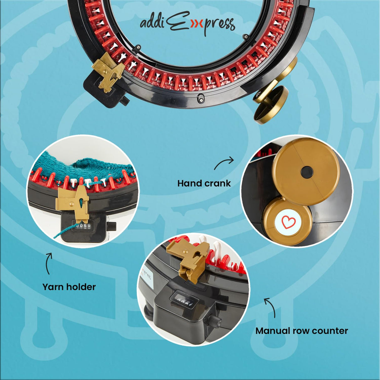 addiExpress King Size Knitting Machine, 46 Needles Circle Knit Loom Machine with Row Counter and Hand Crank, Black, 17.7 Inch addi