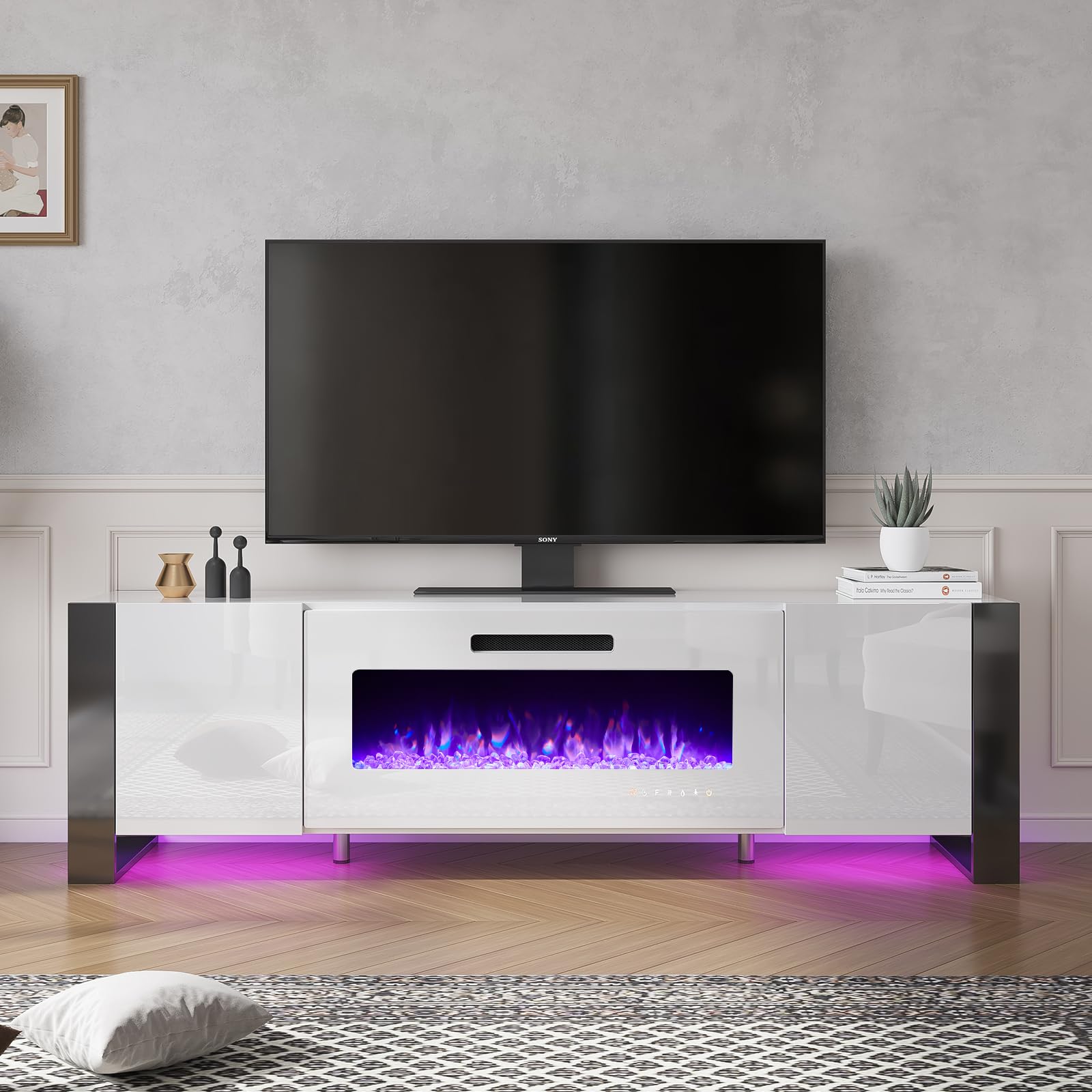 LUXOAK U-Shaped Legs 70" Fireplace TV Stand, Mirrored Finish Media Console with 36" Electric Fireplace, Modern LED Lights Storage Entertainment Center for TVs Up to 80", All White - WoodArtSupply