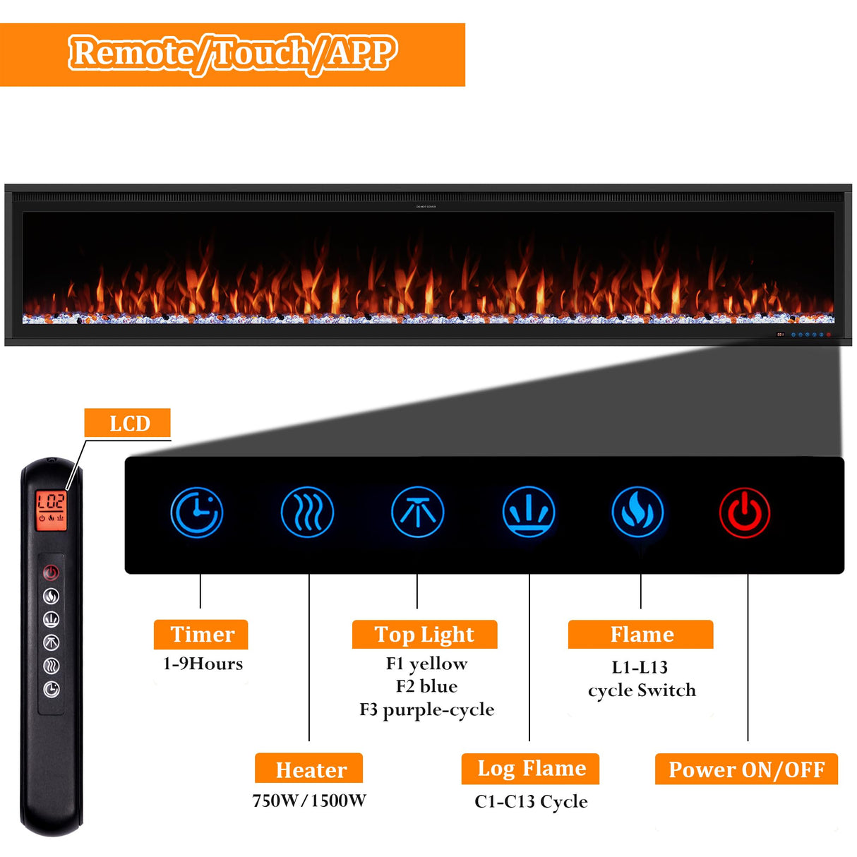 Benrocks 74'' Slim Electric Fireplace Inserts - WiFi-Enabled, Alexa & App Control, Recessed & Wall Mounted, 13 * 13 * 3 Flame Color Combinations, 750W/1500W, Black Benrocks