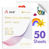 A-SUB Premium Printable Vinyl Sticker Paper for Inkjet Printers, 50 Sheets Matte White Waterproof Sticker Paper 8.5x11 Inch for Making Your Own Stickers at Home A-SUB
