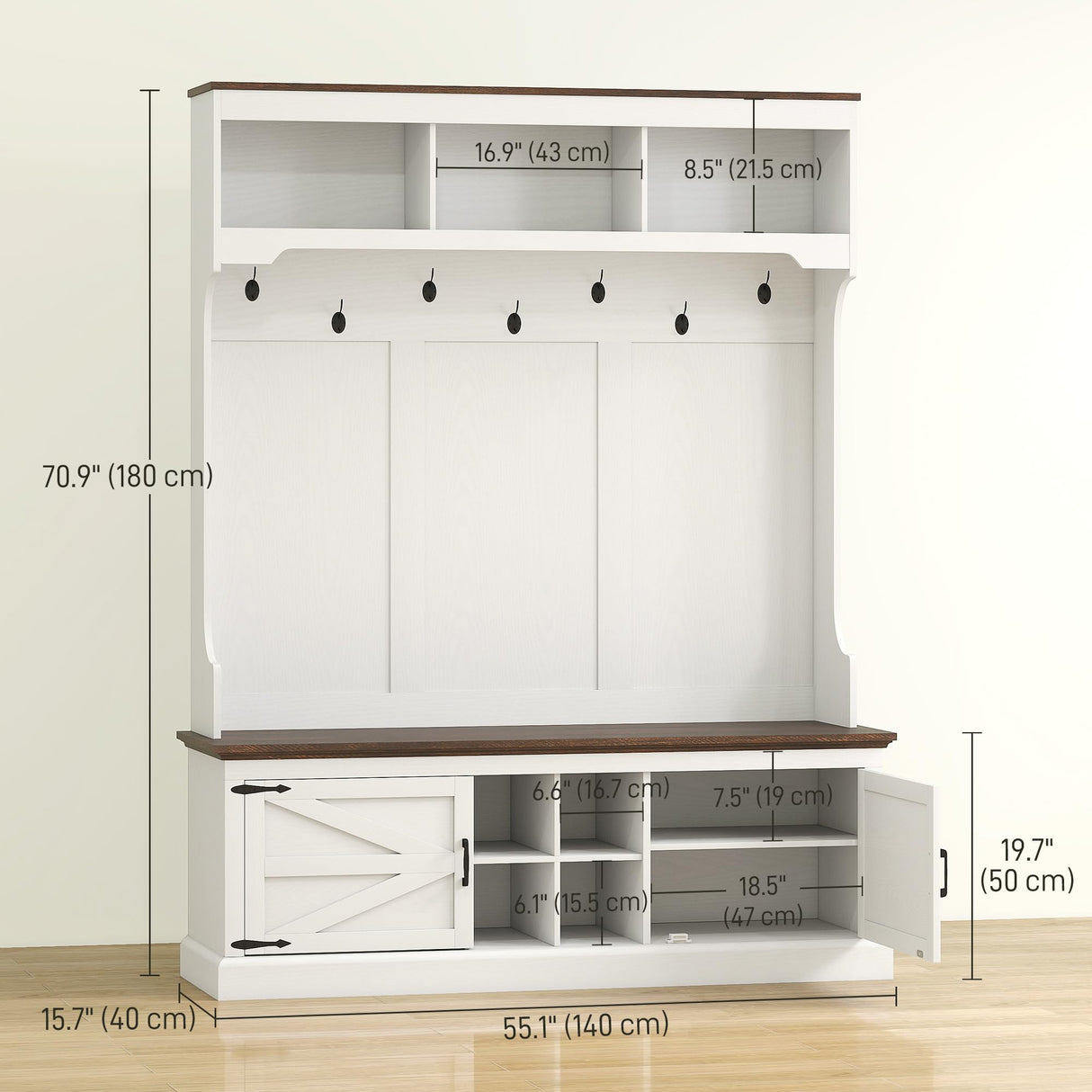 HOMCOM 3-in-1 Hall Tree with Shoe Storage, Standing Coat Rack with Shoe Bench, Entryway Furniture with Seven Hooks, White Wood Grain HOMCOM