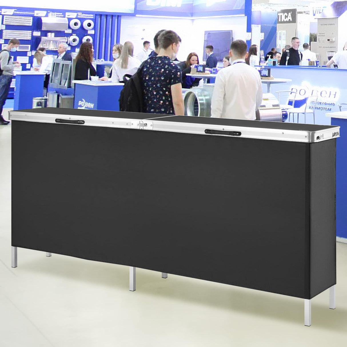 VEVOR Extra Long Folding Portable Bar Tradeshow Podium Table for Indoor, Outdoor, Party, Picnic, Exhibition, Includes Carrying Case, Storage Shelf and Black Skirt, 77.95" x 15.16" x 34.65" VEVOR