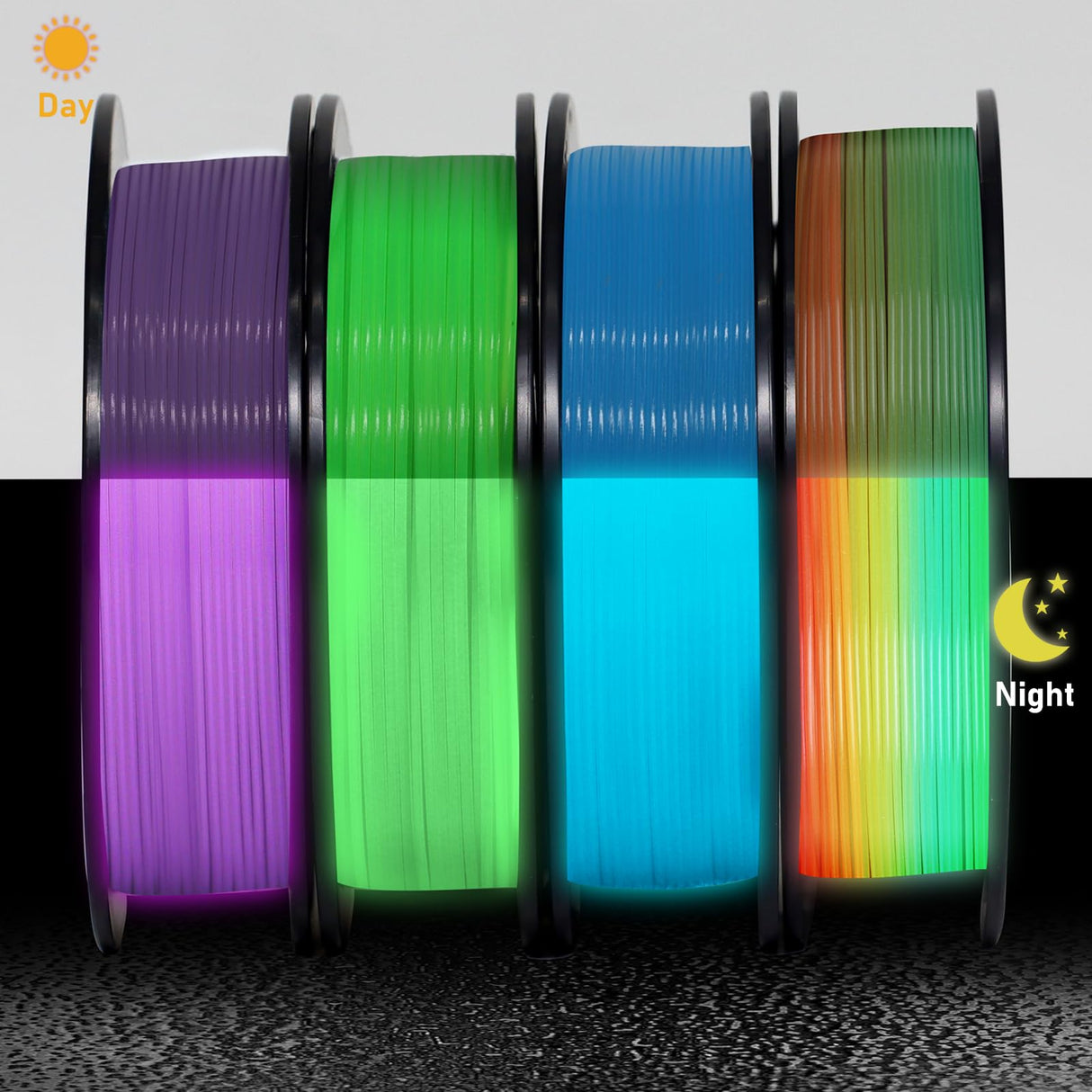 YOUSU 1.75mm 3D Printer Filament Bundle, Glow in The Dark Filament Multicolor, Green, Blue, Purple and Rainbow, PLA Filament 1.75 mm, Dimensional Accuracy +/- 0.03 mm, 250g X 4 Pack Yousu