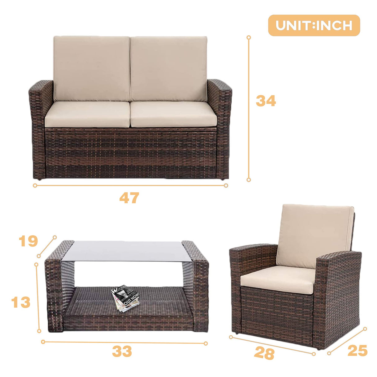 4 Pieces Patio Conversation Set, Outdoor PE Rattan Wicker Sofa Furniture Set with Soft Cushions and Glass Coffee Table for Backyard Lawn Garden Balcony Porch Poolside,Brown PayLessHere