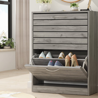 AIEGLE Shoe Storage Cabinet with 2 Flip Drawers for Entryway, Freestanding Shoe Rack Shoe Organiazer with Louver Drawers, Grey Wood (22.4" W x 9.4" D x 29.5" H)