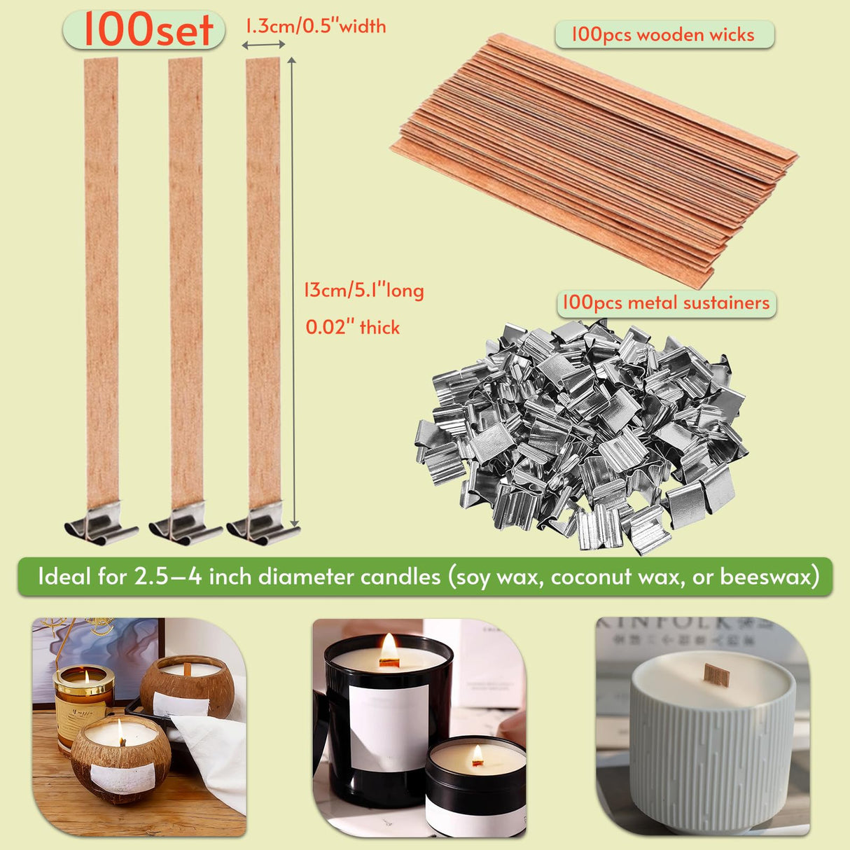 BVMGTT Wood Wicks for Candle Making, 100 Sets Natural Wooden Wicks with 100 Metal Sustainers, 5.1 "x 0.5" x0.02 Thin Crackling Wicks for Soy Wax & Coconut Wax, Perfect for DIY, Home Decor, Gifts BVMGTT