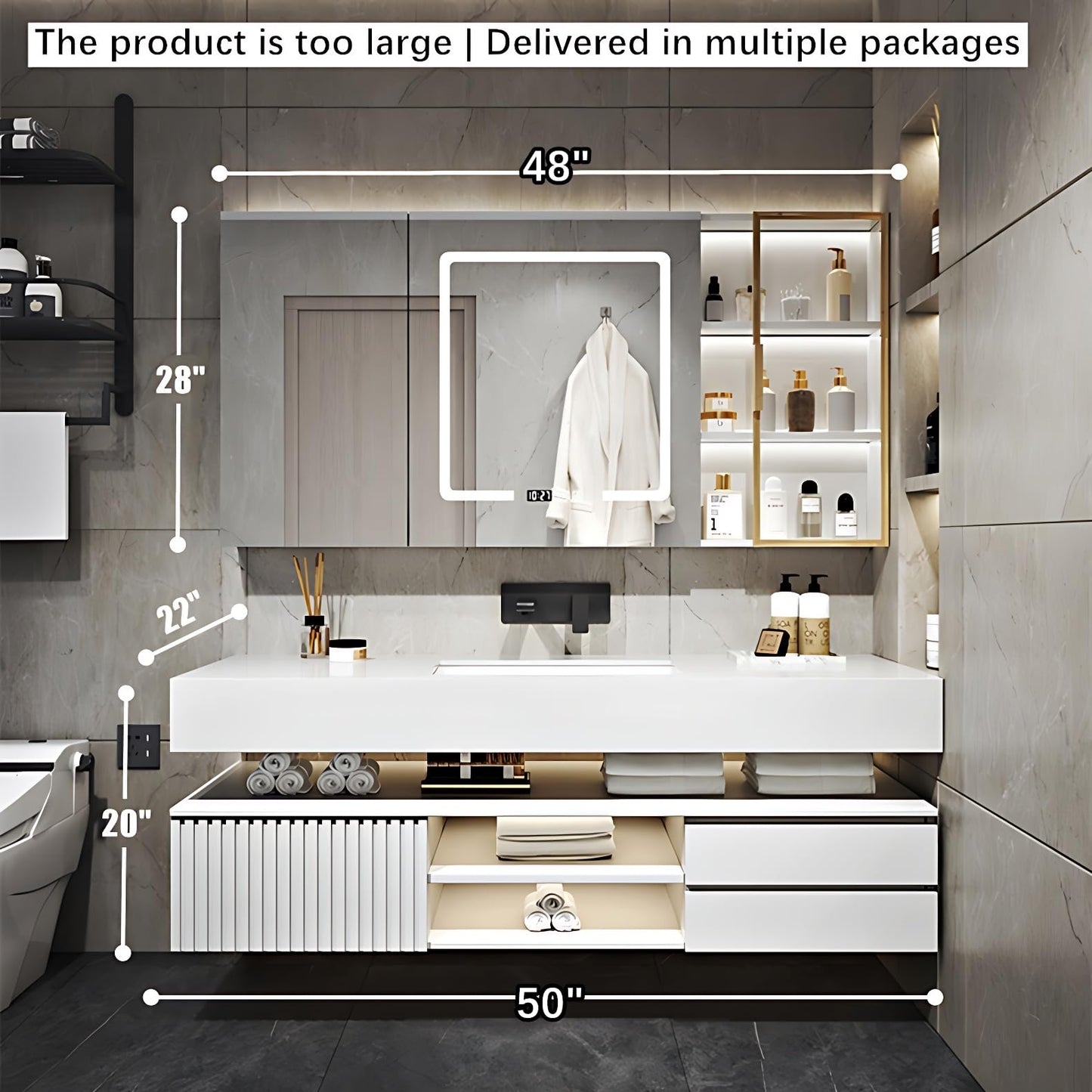 ZGNBSD Bathroom Vanity with Sink - Modern Floating Bathroom Vanity | LED Smart Medicine Cabinet Included | Multi-Layer Solid Wood Bathroom Vanity | Wall-Mounted Installation (White, 50")