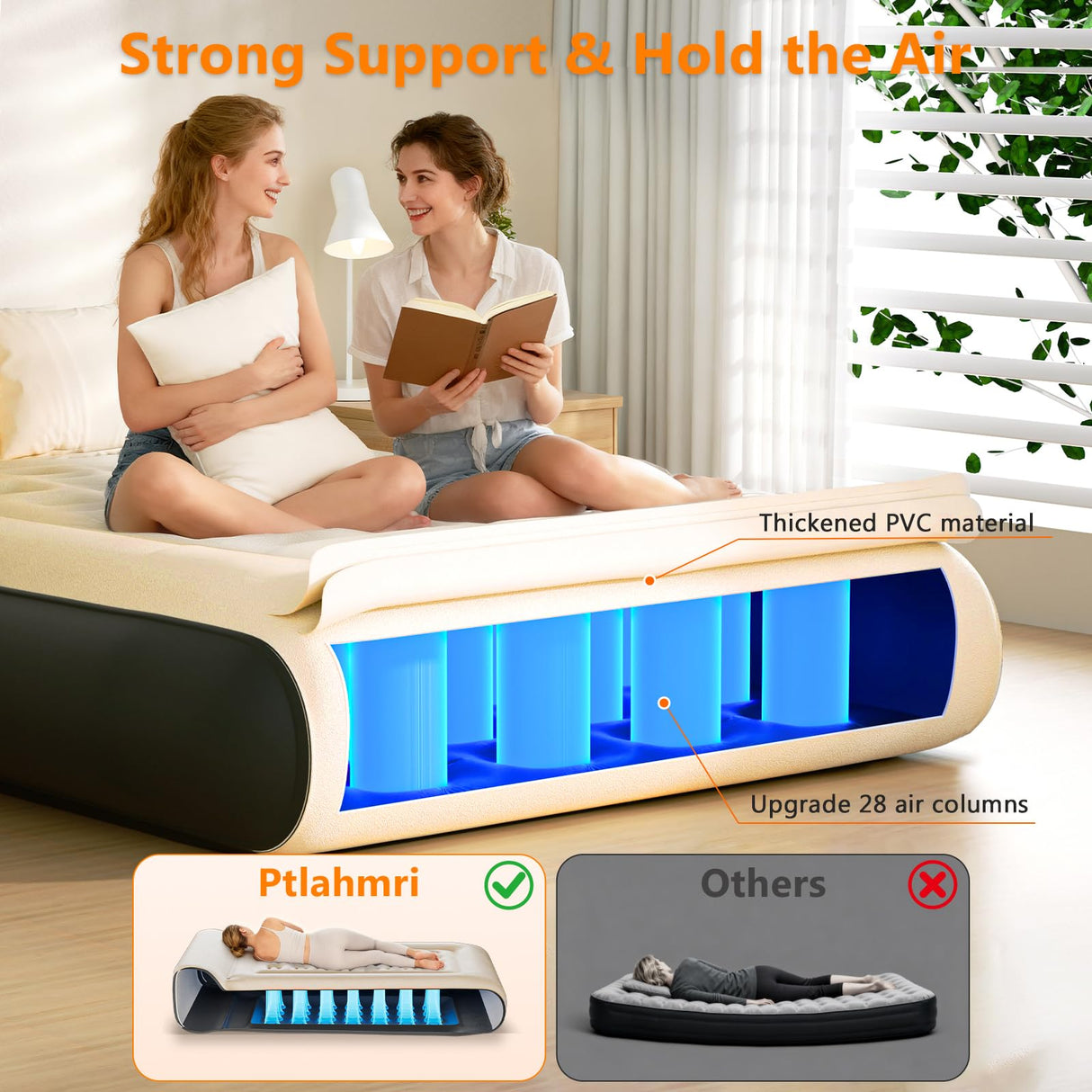 Ptlahmri Queen Air Mattress Full with Built in Pump,16" Comfort Flocking Inflatable Blow Up Mattress,Equipped for Home, Guests, Camping,Inflate in 3 Minutes, 660 lbs Max (Black) Ptlahmri