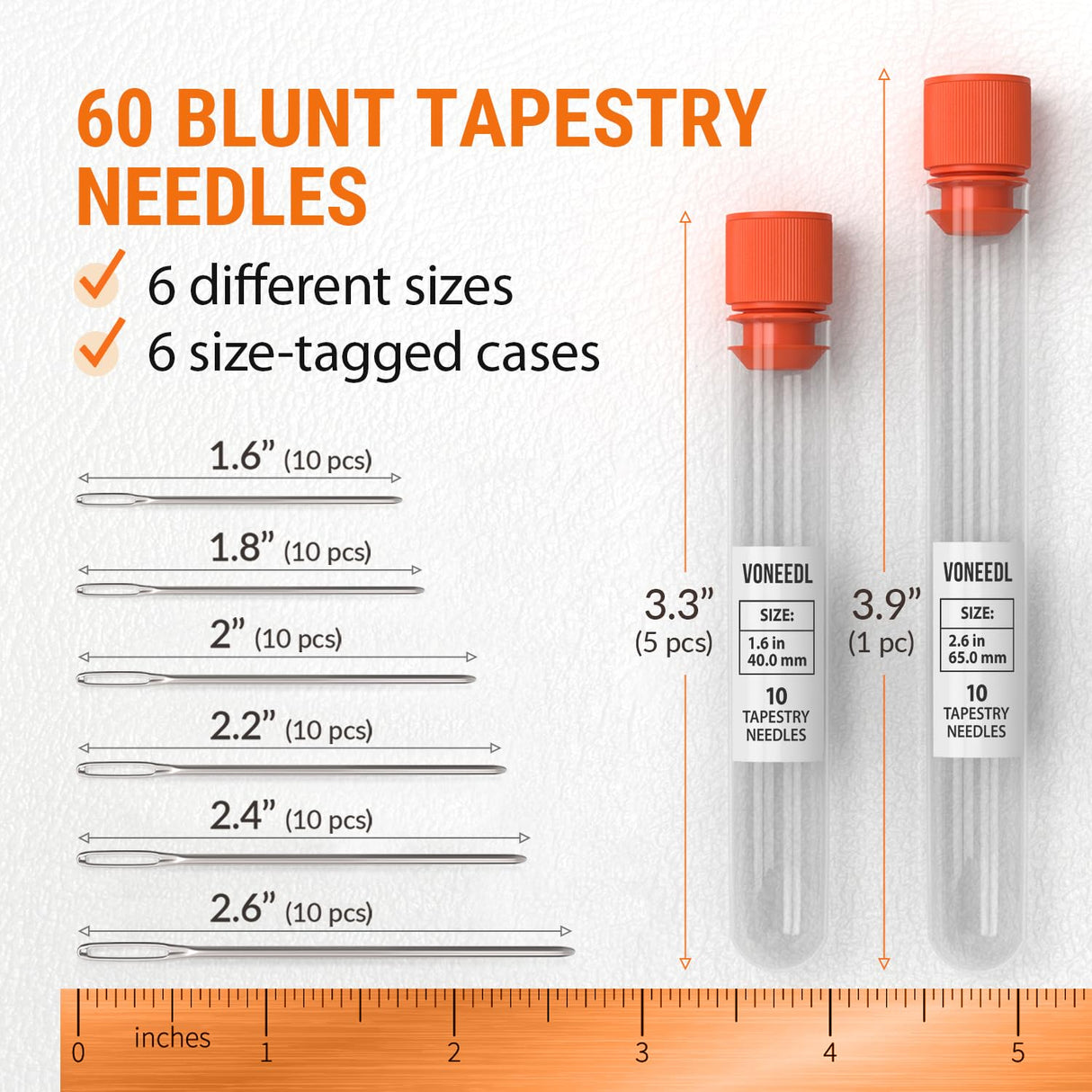 VONEEDL Large Eye Blunt Tapestry Needles (Pack of 60) - 6 Sizes with 6 Storage Tubes - Perfect for Darning, Embroidery, Cross-Stitching, Needlepoint, Crafting, Knitting, Weaving, and DIY VONEEDL