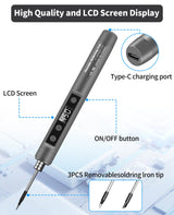 Cordless Soldering Iron Kit, Portable Cordless Soldering Iron, LCD Digital Adjustable Temperature Thermostatic Soldering Gun for Home Appliance Repair, USB Rechargeable - Grey Qyvorae