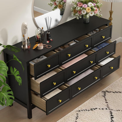 CARPETNAL Black Dresser for Bedroom, 9 Drawer Dresser with Wide Drawers and Gold Metal Handles, 59" White and Gold Dresser TV Stand, Modern Dressers & Chests of Drawers for Hallyway, Entryway.