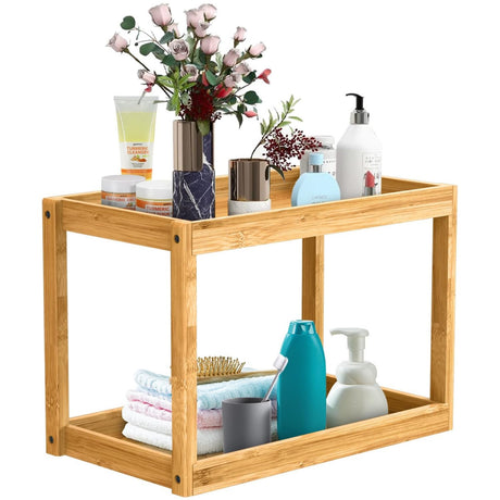 Bamboo 2-Tier Countertop Organizer, Multi-Function Wooden Storage Tray for Bathroom, Kitchen, Bedroom, Dresser; Wood Under-Sink Container, Home Storage Holder Lotion Makeup Cosmetics Perfume Vanity Domasho
