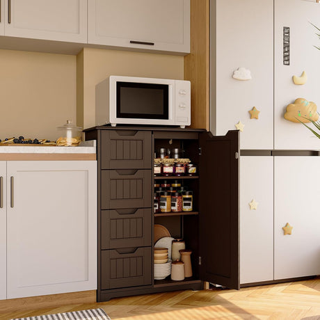Gizoon Pantry Cabinet Storage Cupboard, Freestanding Wooden Dresser with 4 Drawers for Bathroom and Dining Room, 33" Dark Brown, Small Kitchen Pantry Storage Cabinet with Door and Shelves Gizoon
