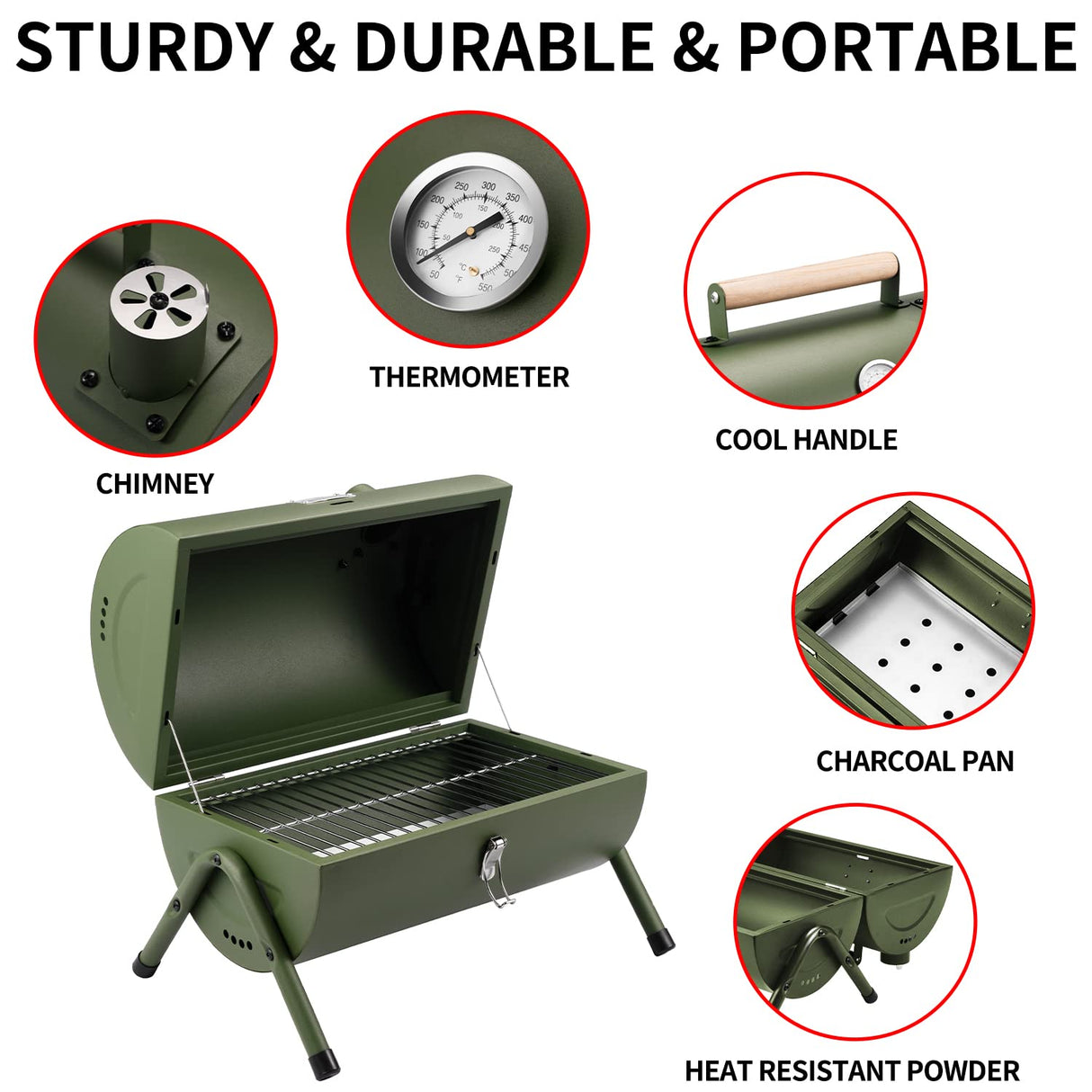 Portable Charcoal Grill, Tabletop Outdoor Barbecue Smoker, Small BBQ Grill for Outdoor Cooking Backyard Camping Picnics Beach by DNKMOR GREEN WoodArtSupply