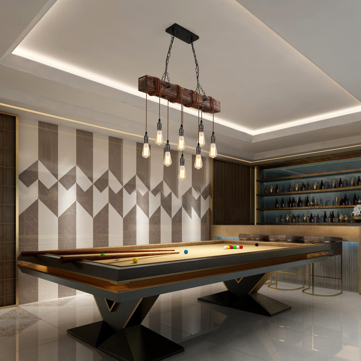 KEESFU 8-Lights Rustic Chandeliers for Dining Room, Farmhouse Wooden Ceiling Pendant Light, Height Adjustable, Rectangle Chandelier for Kitchen Island Dining Room Bar Pool Table Cabin. KEESFU